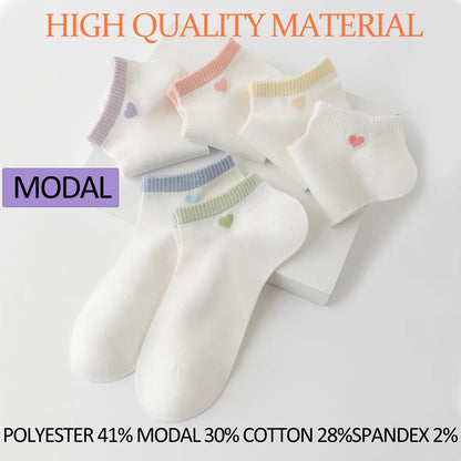 6 Pairs Womens White Heart Modal Ankle Socks Breathable