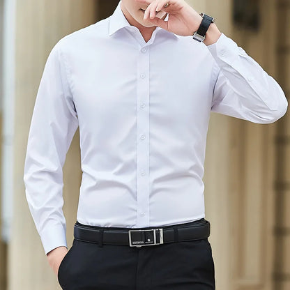 New Plus Size Men Solid Color Business Shirt Slim White Long Sleeve WHITE