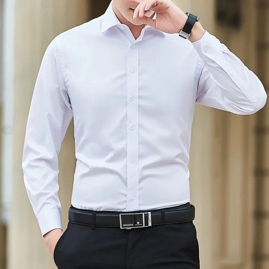 New Plus Size Men Solid Color Business Shirt Slim White Long Sleeve WHITE