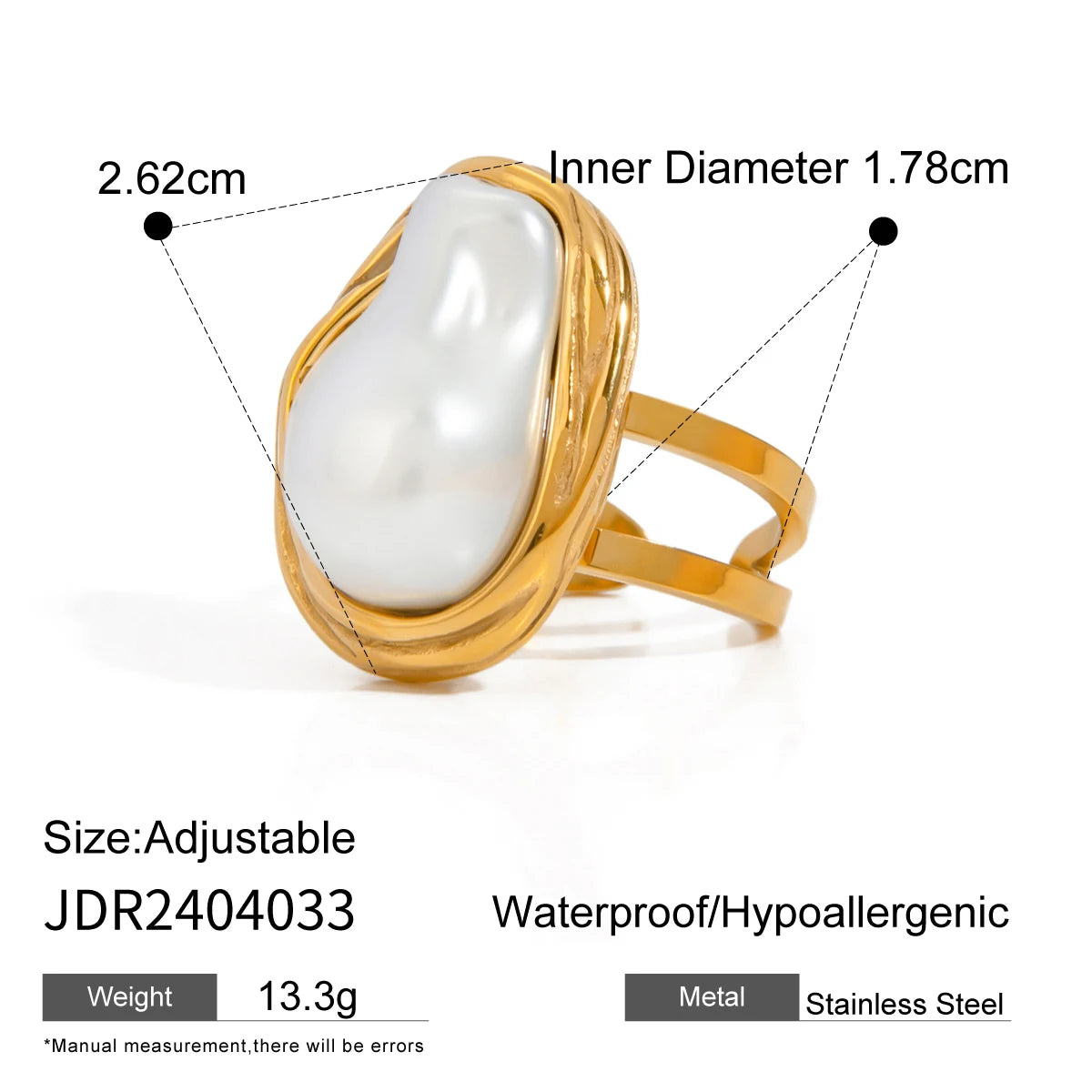 Uworld Fashion 18K Gold Plated Stainless Steel Sun Pearl Zircon Ripple Ring for Women
