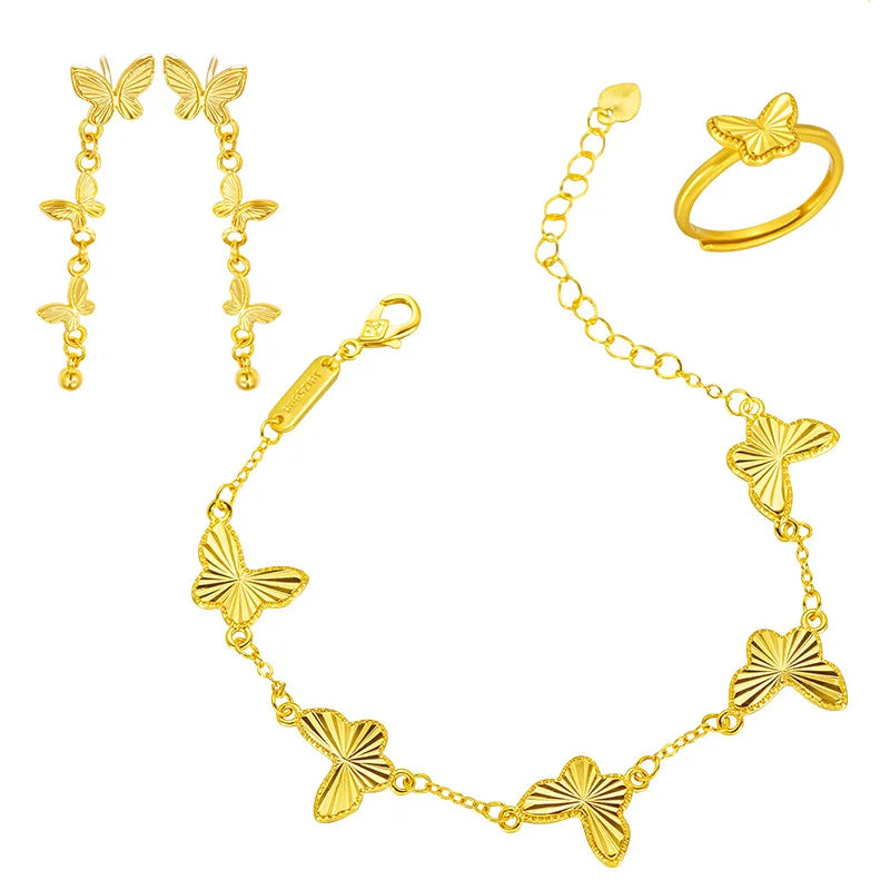 Exquisite 24K Pure Gold Butterfly Necklace Bracelet Ring Set for Women Gift
