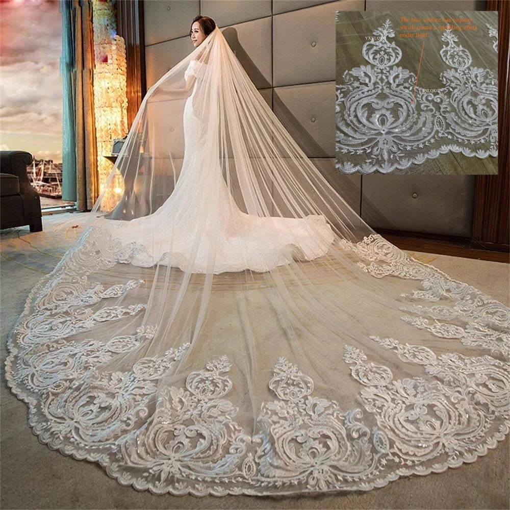 Ivory Cathedral Tulle Bridal Veil With Lace Edge And Comb