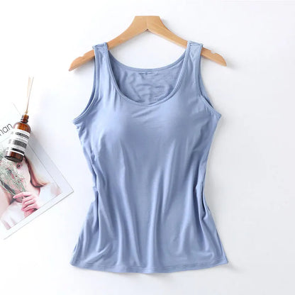 2023 Women’s Slim Fit Vest Tops with Built-In Bra Padded Neck Tank Casual Solid Color Shirts