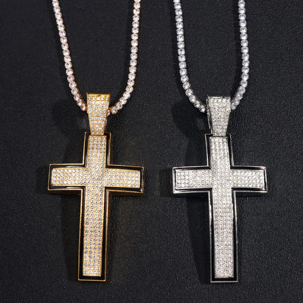 Punk Luxury Rhinestone Cross Pendant Cuban Link Necklace for Women and Men Hip Hop Iced Out Jewelry