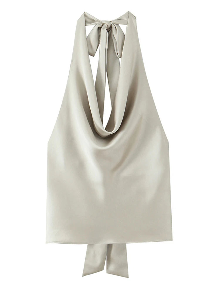 Satin Halter Top With Adjustable Tie Open Back Beach Blouse
