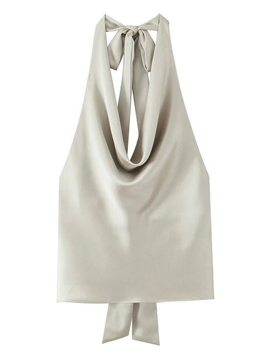 Satin Halter Top With Adjustable Tie Open Back Beach Blouse
