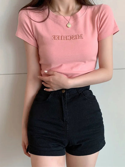 Dozw Cotton Embroidered Womens Slim Short Sleeve T Shirt