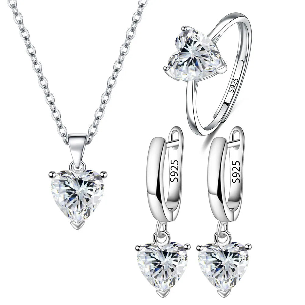 Elegant 925 Sterling Silver Heart Zircon Jewelry Set for Women - Ring, Earrings, Necklace for Bridal and Christmas Occasions