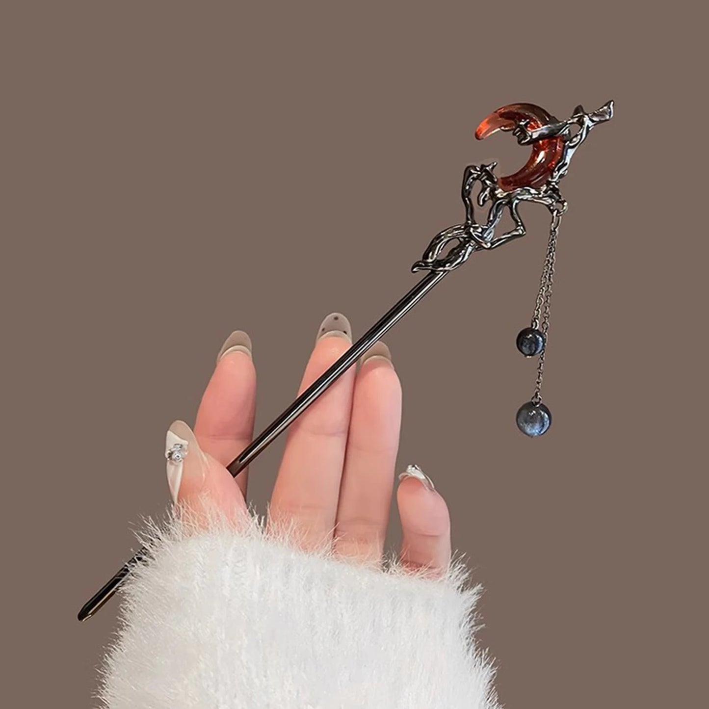 Elegant Ink Flower Tassel Hairpin Forks for Women - Modern Hanfu Hair Jewelry with Black Beads Fringe