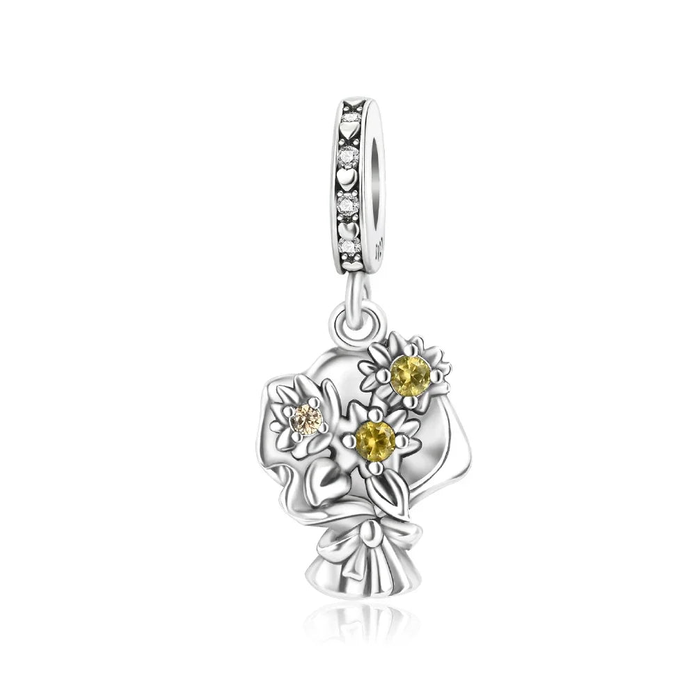 925 Sterling Silver Colorful Flower Charms with Zircon Roses Tulips and Daisies for DIY Necklace and Bracelet Jewelry Gifts