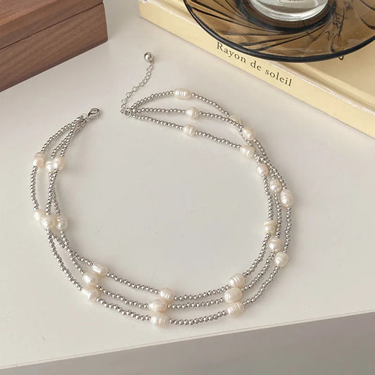 100 Percent Natural Baroque Freshwater Pearl Trendy Stainless Steel Three Layer Chains Necklace for Women Gifts