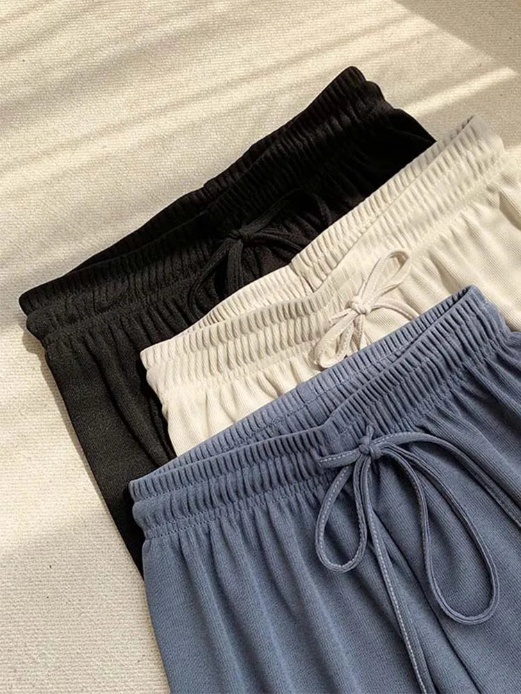 Summer Lace Up Wide Leg High Waist Pants for Women Ice Silk