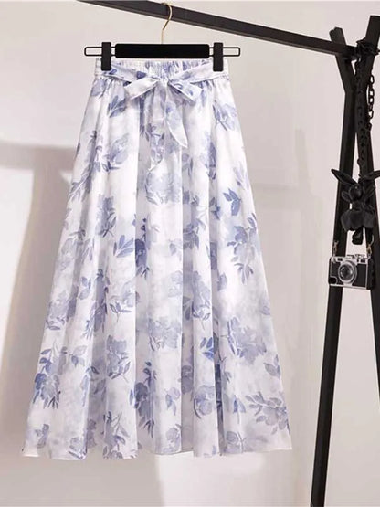 Chiffon Midi Skirt Women High Waist Korean Style White