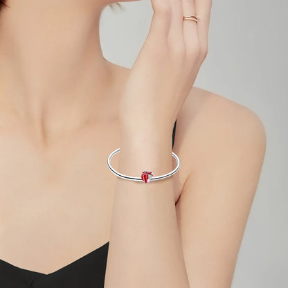 Original 925 Sterling Silver Red Charm Beads Set Heart Cherry Strawberry Flower Fish Zircon Accents for DIY Necklace and Bracelet Jewelry Gift