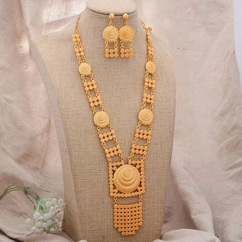 Dubai Gold Color African Jewelry Set for Women and Girls - Elegant Arabic Indian Wedding Necklace and Earrings