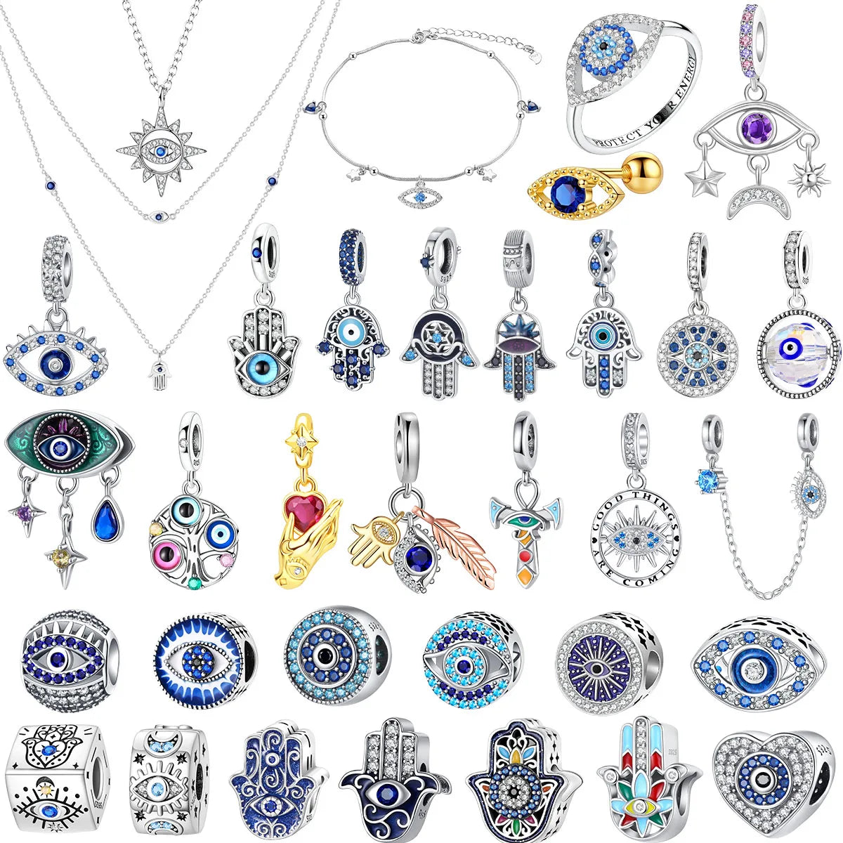 925 Sterling Silver Blue Evil Eye Jewelry Set With Zircon Charms Pendant Ring Earrings For Bracelet Necklace Gift
