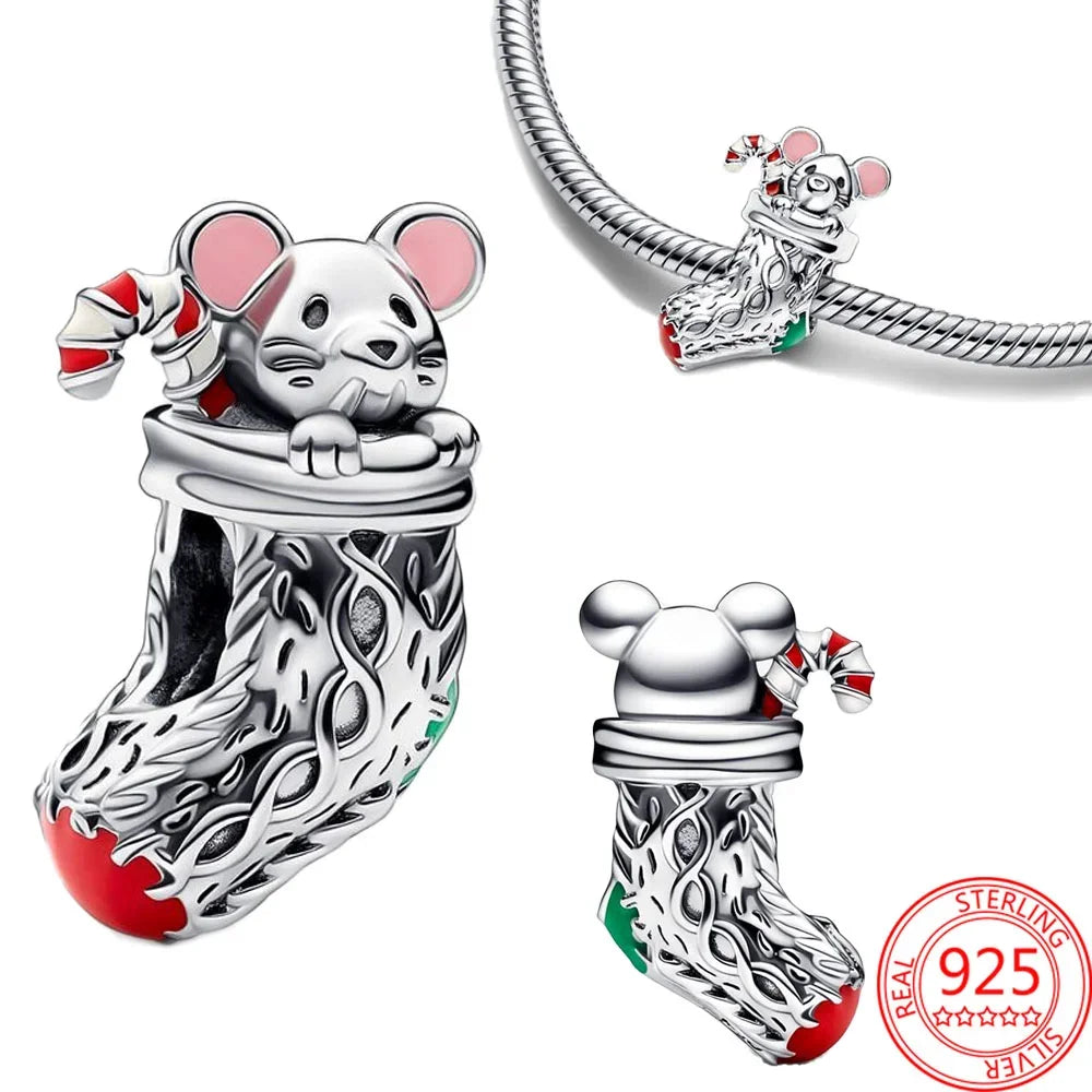 925 Sterling Silver Christmas Charms Set Santa Claus Reindeer Snowflake Beads for DIY Jewelry Gifts