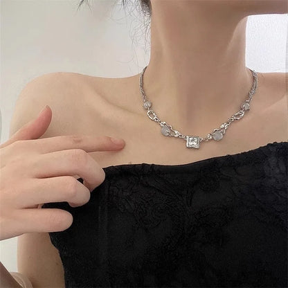 Y2K Moonstone Necklace with Star Tassels Pendant Zircon Chain for Women Girls Trendy Party Jewelry Gift