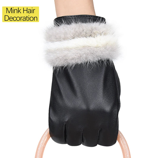 Autumn Winter Colorblocked Mink Lambskin Touchscreen Gloves
