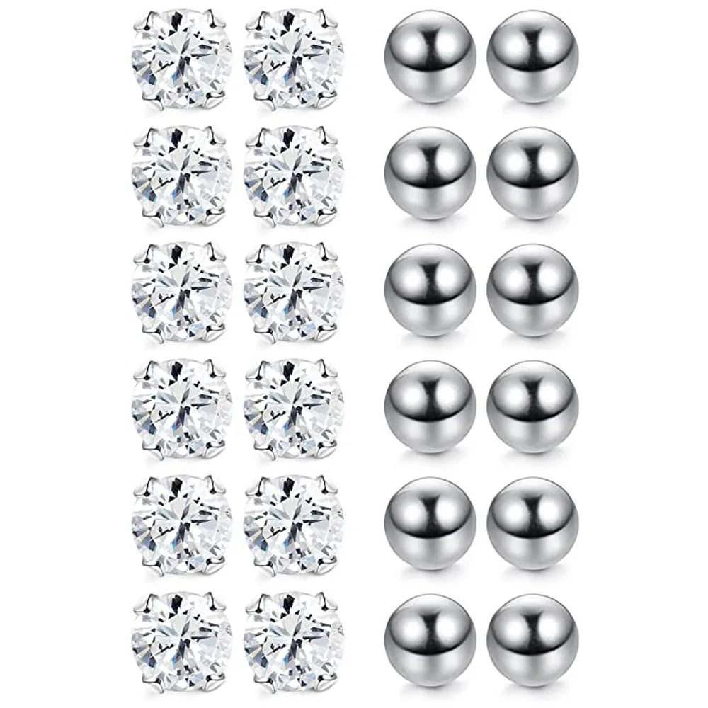 6 Pairs Tiny 2mm Stainless Steel Stud Earrings Set for Men and Women with CZ Round Ball Design