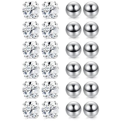 6 Pairs Tiny 2mm Stainless Steel Stud Earrings Set for Men and Women with CZ Round Ball Design