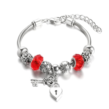 Elegant Heart Lock Charm Beaded Bangle Adjustable Snake Chain Bracelet for Women