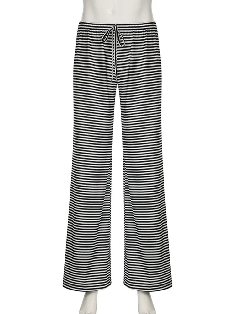 Womens Stripe Drawstring Low Waist Sweatpants Baggy Summer