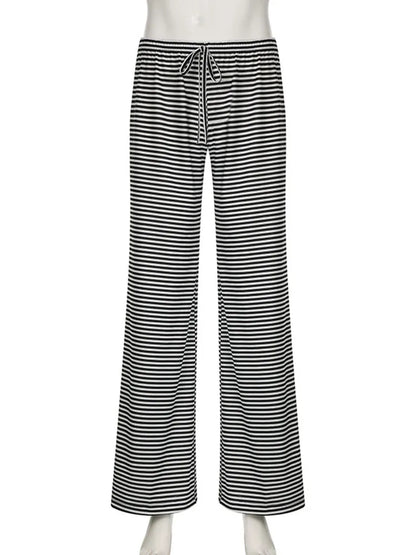 Womens Stripe Drawstring Low Waist Sweatpants Baggy Summer