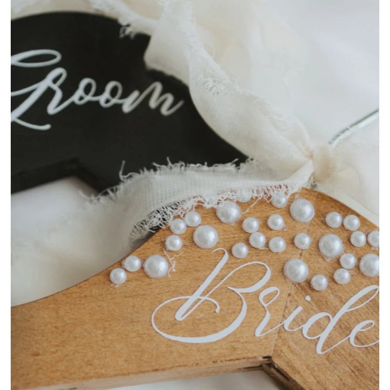 Elegant Bride and Groom Pearl Engraved Wedding Hangers Set for Bridal Dress and Suit