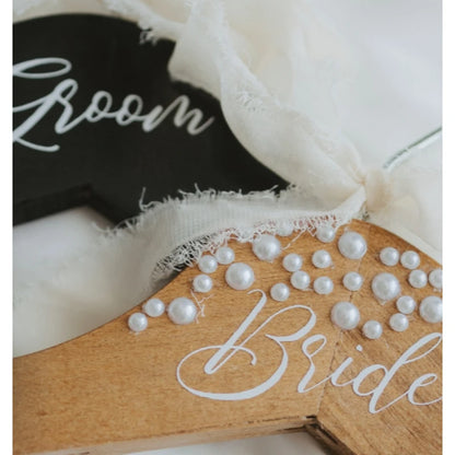 Elegant Bride and Groom Pearl Engraved Wedding Hangers Set for Bridal Dress and Suit