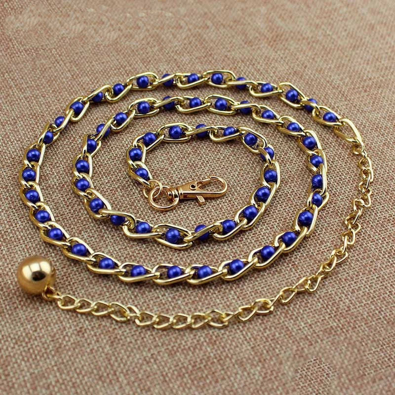 Women Pearl Thin Metal Waist Chain Belt Versatile Fashion