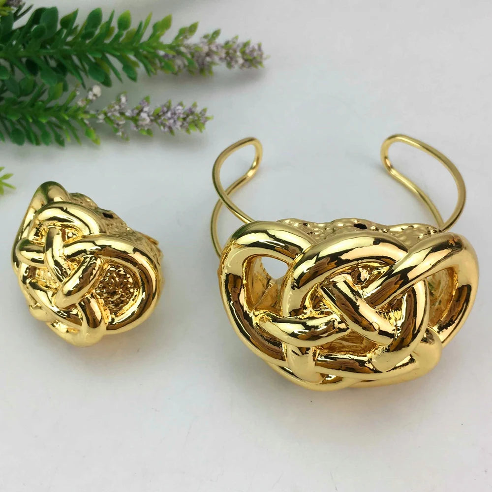Elegant Gold-Plated Brazilian Jewelry Set for Women with Earrings, Ring, and Bracelet
