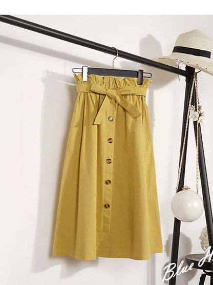 Summer Autumn Midi Pleated High Waist Button Skirt Women