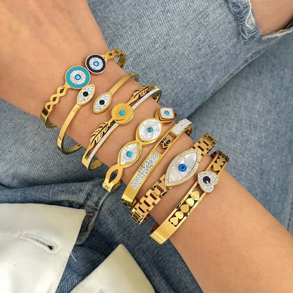 Flashbuy Boho Evil Eye Stainless Steel Bangles for Women with Enamel Rhinestones Gold Plated Waterproof Fashion Jewelry Gift