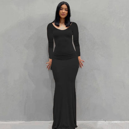 2024 Summer Dresses For Women Sexy Black Spaghetti Strap Maxi Black-Long Sleeve
