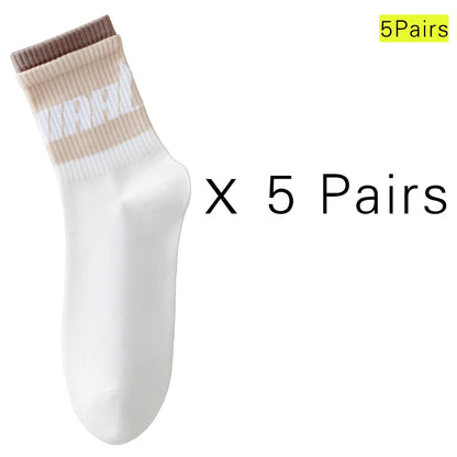 5 Pairs Colorful Breathable Cotton Mid Calf Athletic Socks