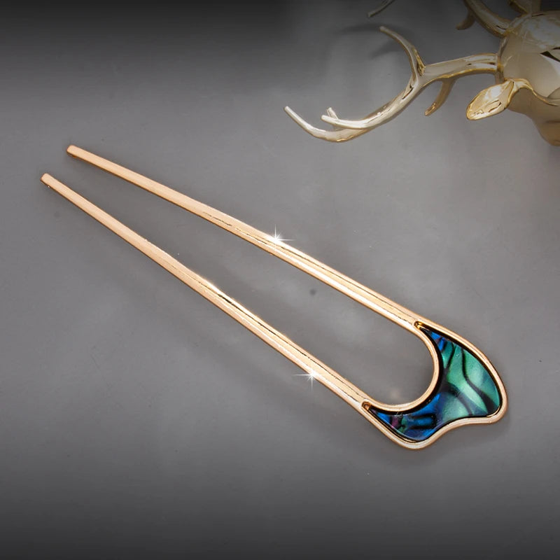 Elegant Silver Gold Enamel Shell Hairpin for Women U Shape Hair Stick Accessories