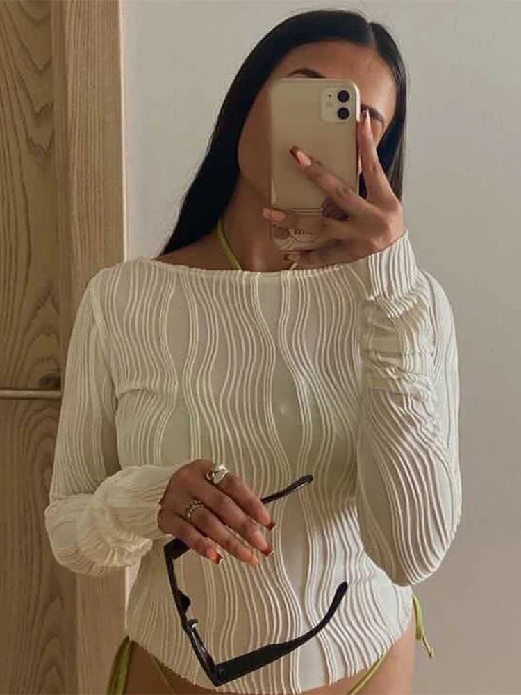 Dozw Women Ruched Long Sleeve Crop Top White Slim Fit Chic