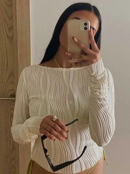 Dozw Women Ruched Long Sleeve Crop Top White Slim Fit Chic