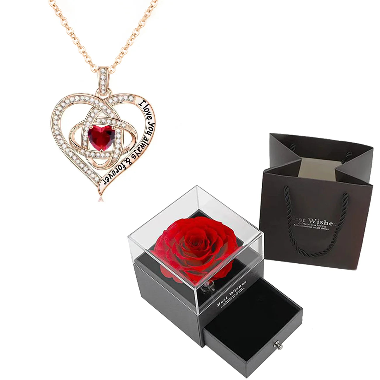 Luxury Red Zircon Pendant Necklace with Rose Flower Gift Box for Women BOX-134-3