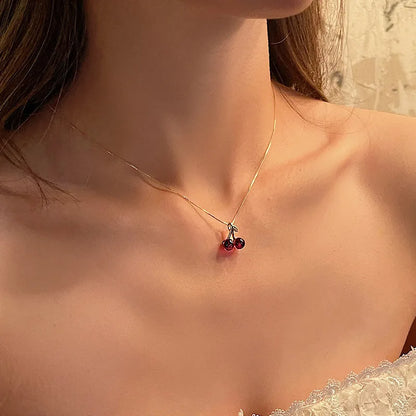 Little Wine Red Cherry Pendant Necklace with Golden Chain for Women - Elegant Fruit Jewelry Gift