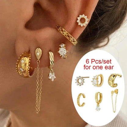 Crmya Gold Plated Women's Earrings Set with Vintage CZ Zircon Drop and Stud Hoops