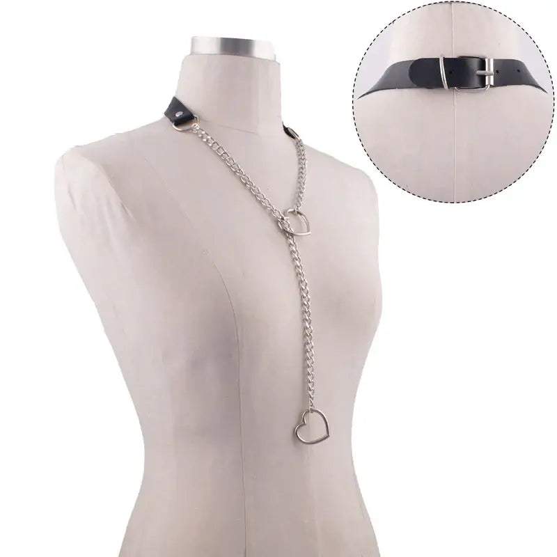 Heart Slip Chain Y Necklace Black Leather Choker for Women