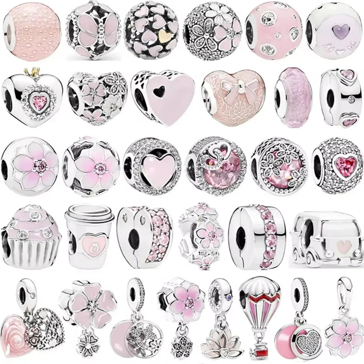Original 925 Sterling Silver Pink Flower Balloon and Coffee Cup Charms Beads for DIY Women’s Bracelet Jewelry Gift