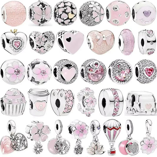 Original 925 Sterling Silver Pink Flower Balloon and Coffee Cup Charms Beads for DIY Women’s Bracelet Jewelry Gift