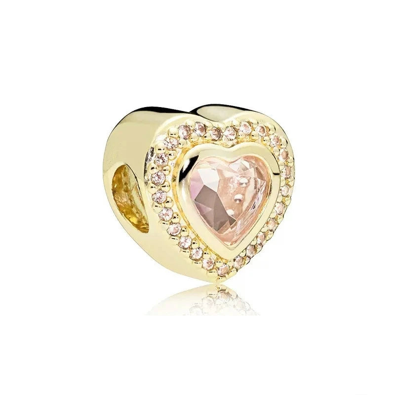 Gold Plated Pink Daisy And Clear Heart Charm Bead 925