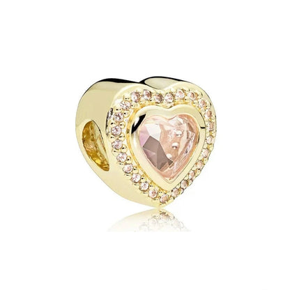 Gold Plated Pink Daisy And Clear Heart Charm Bead 925