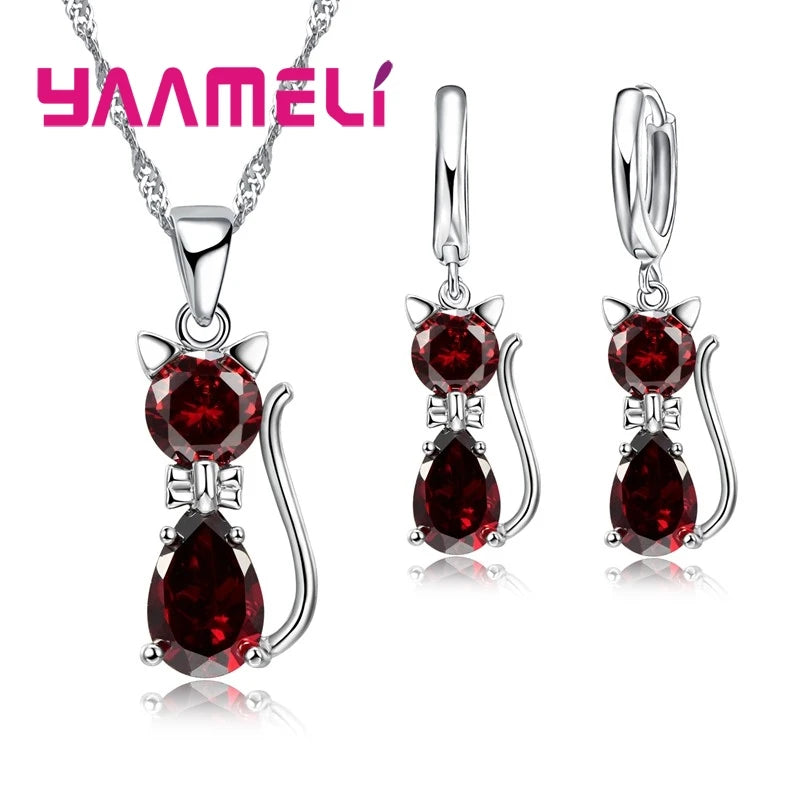 Elegant 925 Sterling Silver Cat Pendant Necklace and Earrings Set with Austrian Crystals for Women
