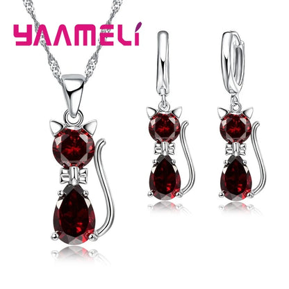 Elegant 925 Sterling Silver Cat Pendant Necklace and Earrings Set with Austrian Crystals for Women