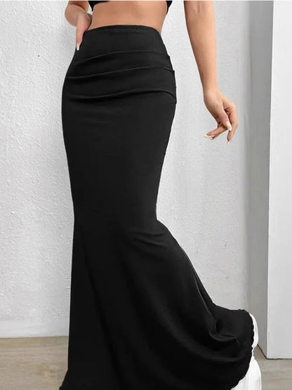 Solid Bodycon Ruched Mermaid Maxi Skirt For Women Black